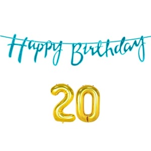 20th happy birthday decoration kit blue for 20 year old boys girls with number twenty decorations decor celebration items item set combo reusable cursive banner