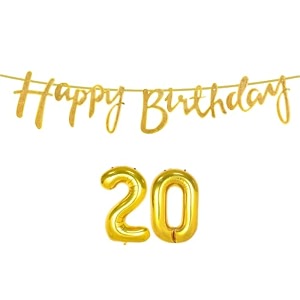 20th happy birthday decoration kit golden for 20 year old boys girls with number twenty decorations decor celebration items item set combo reusable cursive banner