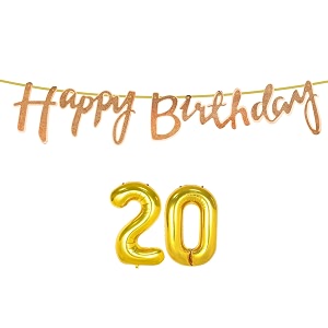 20th happy birthday decoration kit rose gold for 20 year old boys girls with number twenty decorations decor celebration items item set combo reusable cursive banner