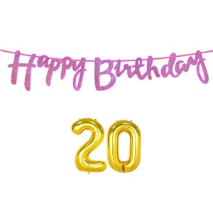 20th happy birthday decoration kit dark pink for 20 year old boys girls with number twenty decorations decor celebration items item set combo reusable cursive banner