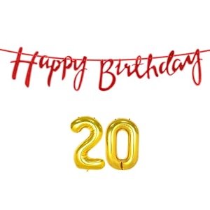 20th happy birthday decoration kit red for 20 year old boys girls with number twenty decorations decor celebration items item set combo reusable cursive banner