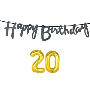 20th happy birthday decoration kit black for 20 year old boys girls with number twenty decorations decor celebration items item set combo reusable cursive banner