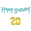 20th Happy Birthday Decoration Kit Blue for 20 Year Old Boys Girls with Number Twenty Decorations Decor Celebration Items Item Set Combo Reusable Cursive Banner