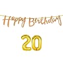 20th Happy Birthday Decoration Kit Rose Gold for 20 Year Old Boys Girls with Number Twenty Decorations Decor Celebration Items Item Set Combo Reusable Cursive Banner
