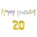 20th Happy Birthday Decoration Kit Multicolour for 20 Year Old Boys Girls Multicolor with Number Twenty Decorations Decor Items Item Set Combo Reusable Cursive Banner