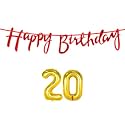 20th Happy Birthday Decoration Kit Red for 20 Year Old Boys Girls with Number Twenty Decorations Decor Celebration Items Item Set Combo Reusable Cursive Banner