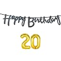 20th Happy Birthday Decoration Kit Black for 20 Year Old Boys Girls with Number Twenty Decorations Decor Celebration Items Item Set Combo Reusable Cursive Banner