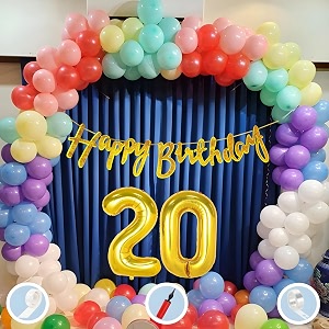 20th multicolour birthday decoration items for boys girls kids mens women  60 pcs mix color balloons  gold cursive glitter birthday banner  balloon pump  arch tape  glue dots