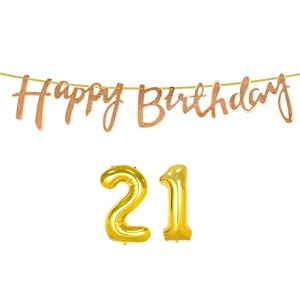 21st happy birthday decoration kit rose gold for 21 year old boys girls women with number twenty-one decorations decor celebration items item set combo reusable cursive banner