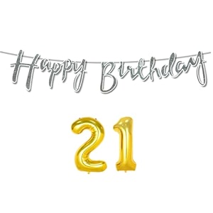 21st happy birthday decoration kit silver for 21 year old boys girls women with number twenty-one decorations decor celebration items item set combo reusable cursive banner