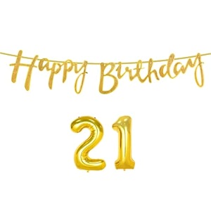 21st happy birthday decoration kit golden for 21 year old boys girls women with number twenty-one decorations decor celebration items item set combo reusable cursive banner