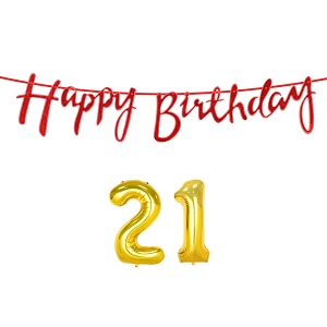 21st happy birthday decoration kit red for 21 year old boys girls women with number twenty-one decorations decor celebration items item set combo reusable cursive banner