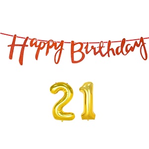 21st happy birthday decoration kit orange for 21 year old boys girls men with number twenty-one decorations decor celebration items item set combo reusable cursive banner