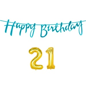 21st happy birthday decoration kit blue for 21 year old boys girls men with number twenty-one decorations decor celebration items item set combo reusable cursive banner