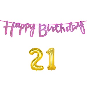 21st happy birthday decoration kit dark pink for 21 year old boys girls women with number twenty-one decorations decor celebration items item set combo reusable cursive banner