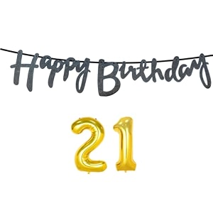 21st happy birthday decoration kit black for 21 year old boys girls men with number twenty-one decorations decor celebration items item set combo reusable cursive banner