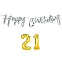 21st Happy Birthday Decoration Kit Silver for 21 Year Old Boys Girls Women with Number Twenty-one Decorations Decor Celebration Items Item Set Combo Reusable Cursive Banner