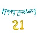 21st Happy Birthday Decoration Kit Blue for 21 Year Old Boys Girls Men with Number Twenty-one Decorations Decor Celebration Items Item Set Combo Reusable Cursive Banner
