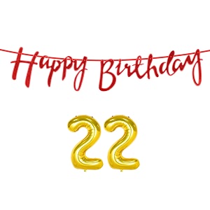 22nd happy birthday decoration kit red for 22 year old boys girls women with number twenty-two decorations decor celebration items item set combo reusable cursive banner
