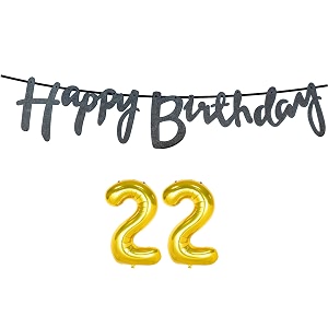 22nd happy birthday decoration kit black for 22 year old boys girls men with number twenty-two decorations decor celebration items item set combo reusable cursive banner