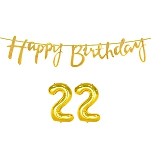 22nd happy birthday decoration kit golden for 22 year old boys girls women with number twenty-two decorations decor celebration items item set combo reusable cursive banner
