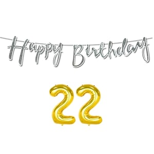 22nd happy birthday decoration kit silver for 22 year old boys girls women with number twenty-two decorations decor celebration items item set combo reusable cursive banner