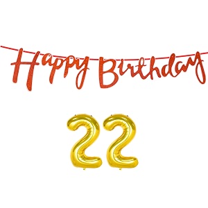 22nd happy birthday decoration kit orange for 22 year old boys girls men with number twenty-two decorations decor celebration items item set combo reusable cursive banner