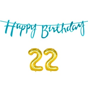 22nd happy birthday decoration kit blue for 22 year old boys girls men with number twenty-two decorations decor celebration items item set combo reusable cursive banner