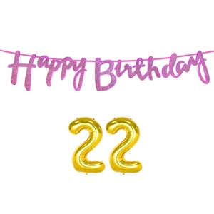 22nd happy birthday decoration kit dark pink for 22 year old boys girls women with number twenty-two decorations decor celebration items item set combo reusable cursive banner