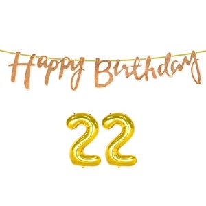 22nd happy birthday decoration kit rose gold for 22 year old boys girls women with number twenty-two decorations decor celebration items item set combo reusable cursive banner
