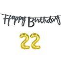 22nd Happy Birthday Decoration Kit Black for 22 Year Old Boys Girls Men with Number Twenty-two Decorations Decor Celebration Items Item Set Combo Reusable Cursive Banner