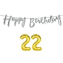 22nd Happy Birthday Decoration Kit Silver for 22 Year Old Boys Girls Women with Number Twenty-two Decorations Decor Celebration Items Item Set Combo Reusable Cursive Banner