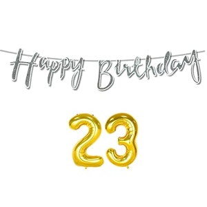 23rd happy birthday decoration kit silver for 23 year old boys girls women with number twenty-three decorations decor celebration items item set combo reusable cursive banner