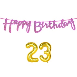 23rd happy birthday decoration kit dark pink for 23 year old boys girl women with number twenty-three decorations decor celebration items item set combo reusable cursive banner