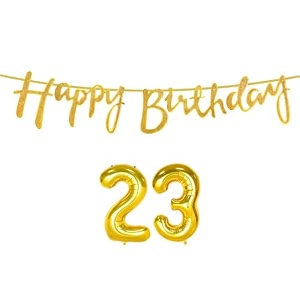 23rd happy birthday decoration kit golden for 23 year old boys girls women with number twenty-three decorations decor celebration items item set combo reusable cursive banner