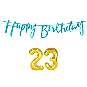 23rd happy birthday decoration kit blue for 23 year old boys girls men with number twenty-three decorations decor celebration items item set combo reusable cursive banner