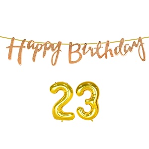 23rd happy birthday decoration kit rose gold for 23 year old boys girl women with number twenty-three decorations decor celebration items item set combo reusable cursive banner