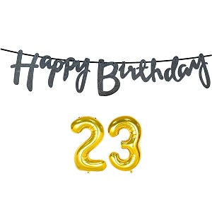 23rd happy birthday decoration kit black for 23 year old boys girls with number twenty-three decorations decor celebration items item set combo reusable cursive banner