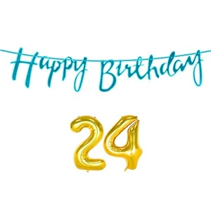 24th happy birthday decoration kit blue for 24 year old boys girls men with number twenty-four decorations decor celebration items item set combo reusable cursive banner