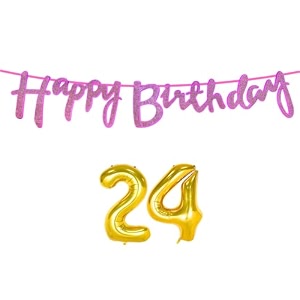 24th happy birthday decoration kit dark pink for 24 year old boys girls women with number twenty-four decorations decor celebration items item set combo reusable cursive banner