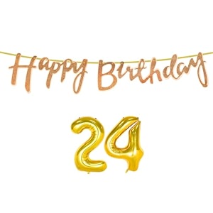 24th happy birthday decoration kit rose gold for 24 year old boys girls women with number twenty-four decorations decor celebration items item set combo reusable cursive banner
