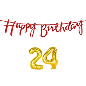 24th happy birthday decoration kit red for 24 year old boys girls women with number twenty-four decorations decor celebration items item set combo reusable cursive banner