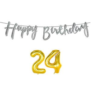 24th happy birthday decoration kit silver for 24 year old boys girls women with number twenty-four decorations decor celebration items item set combo reusable cursive banner
