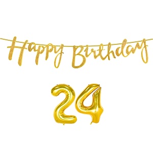 24th happy birthday decoration kit golden for 24 year old boys girls women with number twenty-four decorations decor celebration items item set combo reusable cursive banner