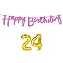 24th Happy Birthday Decoration Kit Dark Pink for 24 Year Old Boys Girls Women with Number Twenty-four Decorations Decor Celebration Items Item Set Combo Reusable Cursive Banner