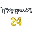 24th Happy Birthday Decoration Kit Black for 24 Year Old Boys Girl Men with Number Twenty-four Decorations Decor Celebration Items Item Set Combo Reusable Cursive Banner