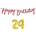 24th Happy Birthday Decoration Kit Red for 24 Year Old Boys Girls Women with Number Twenty-four Decorations Decor Celebration Items Item Set Combo Reusable Cursive Banner