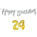 24th Happy Birthday Decoration Kit Silver for 24 Year Old Boys Girls Women with Number Twenty-four Decorations Decor Celebration Items Item Set Combo Reusable Cursive Banner