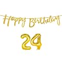 24th Happy Birthday Decoration Kit Golden for 24 Year Old Boys Girls Women with Number Twenty-four Decorations Decor Celebration Items Item Set Combo Reusable Cursive Banner