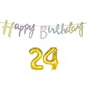 24th Happy Birthday Decoration Kit Multicolour for 24 Year Old Boys Girls Men with Number Twenty-four Decorations Decor Items Item Set Combo Reusable Cursive Banner